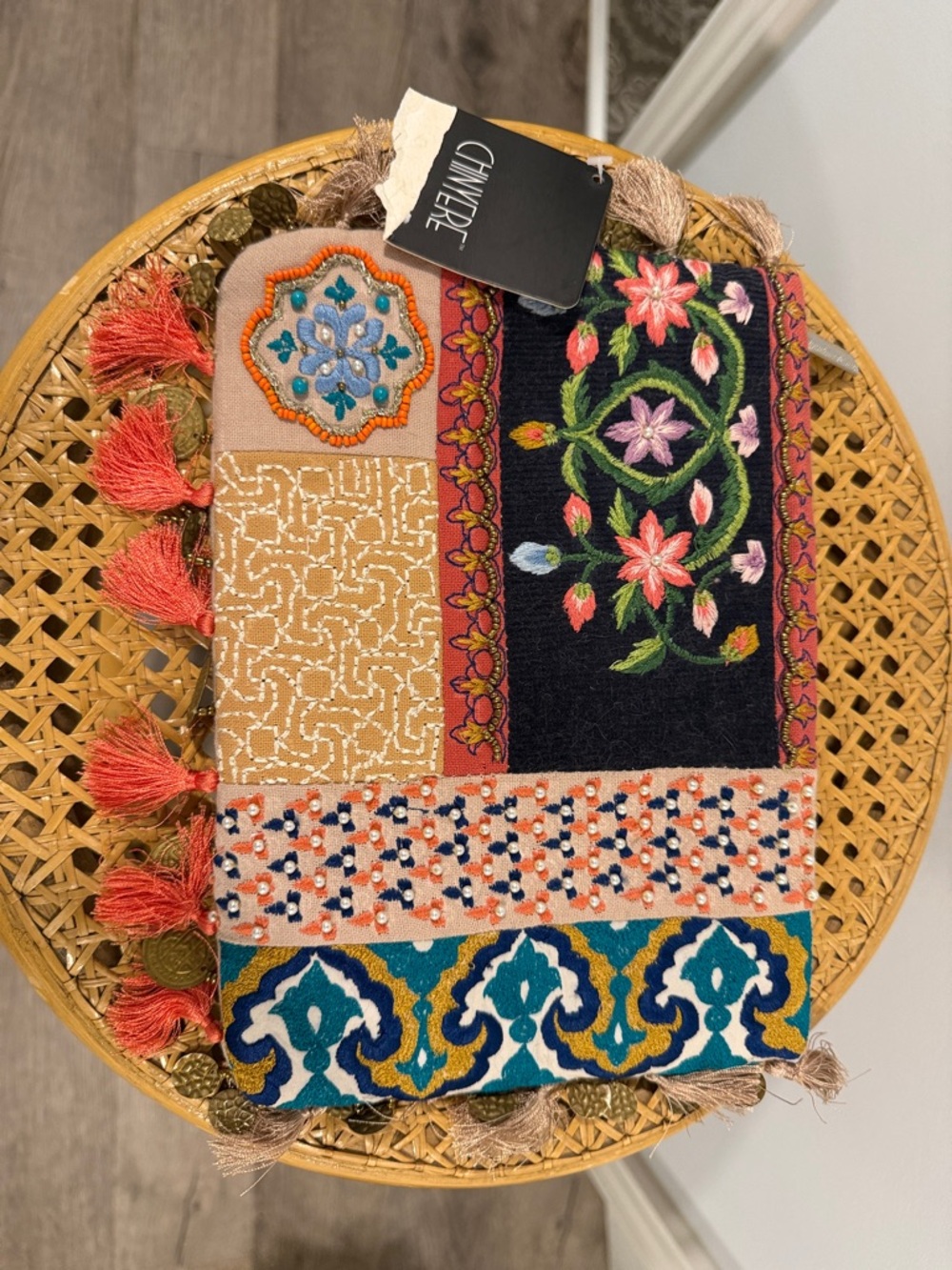 Embroidered Canvas Clutch with Coral Tassel Trim